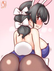 Rule 34 | 1girl, alternate costume, animal ears, ass, black hair, blush, bow, bowtie, breasts, brown pantyhose, covered navel, detached collar, fake animal ears, hair between eyes, hair flaps, heart, heart-shaped pupils, highleg, highleg leotard, jingei (kancolle), kanon (kurogane knights), kantai collection, large breasts, leotard, long hair, looking at viewer, looking back, low ponytail, one-hour drawing challenge, open mouth, pantyhose, playboy bunny, purple leotard, rabbit ears, rabbit tail, red eyes, smile, solo, strapless, strapless leotard, symbol-shaped pupils, tail, traditional bowtie, wrist cuffs