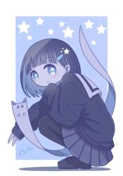 Rule 34 | 1girl, black cardigan, black pantyhose, blue background, blue eyes, blue theme, blunt bangs, blush, border, brown footwear, brown hair, cardigan, cathead, commentary, full body, ghost, grey skirt, hair ornament, hairclip, highres, light blush, loafers, looking at viewer, no nose, omochi noa, original, pantyhose, pleated skirt, sailor collar, school uniform, serafuku, shoes, short hair, skirt, sleeves past wrists, smile, solid oval eyes, squatting, star (symbol), star hair ornament, symbol-only commentary, uniform, v, white border