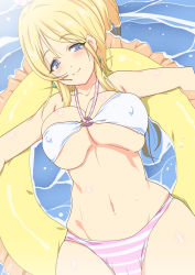 Rule 34 | 10s, 1girl, ayase eli, bikini, blonde hair, blue eyes, blush, breasts, cleavage, covered erect nipples, curvy, female focus, large breasts, looking at viewer, love live!, love live! school idol project, lying, navel, o-ring, o-ring top, on back, short hair, smile, solo, striped bikini, striped clothes, swimsuit, thick thighs, thighs, uniphon, water, wide hips