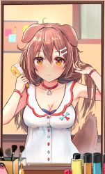 Rule 34 | 1girl, ahoge, animal ears, bad id, bad pixiv id, bone hair ornament, bottle, bracelet, breasts, brown hair, brushing hair, brushing own hair, bulletin board, cleavage, collarbone, cosmetics, dog ears, dog girl, dog tail, dress, expressionless, hair ornament, hand in own hair, highres, holding, holding brush, hololive, indoors, inugami korone, inugami korone (1st costume), jewelry, lipstick tube, long hair, looking at mirror, looking at viewer, lunaticmed, makeup brush, mirror, no jacket, paw print, paw print pattern, pendant, pendant choker, reflection, shuuzo3, solo, tail, virtual youtuber, white dress, window