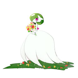 Rule 34 | 1girl, bare shoulders, bob cut, bouquet, closed mouth, colored skin, creatures (company), dress, elbow gloves, expressionless, female focus, flat chest, flower, full body, game freak, gardevoir, gen 3 pokemon, gloves, grass, green hair, hair over one eye, highres, holding, holding bouquet, looking at viewer, mega gardevoir, mega pokemon, nintendo, one eye covered, outdoors, pink flower, pokemon, pokemon (creature), red eyes, red flower, short hair, simple background, solo, standing, strapless, strapless dress, takashi (pixiv 80298118), white background, white dress, white flower, white skin, white theme, yellow flower