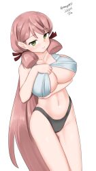 Rule 34 | 1girl, absurdres, akashi (kancolle), black panties, blunt tresses, breasts, clothes lift, dated, green eyes, hair ribbon, highres, kantai collection, large breasts, lifting own clothes, long hair, maru (marg0613), one-hour drawing challenge, panties, pink hair, ribbon, shirt lift, simple background, solo, tank top, tress ribbon, twitter username, underboob, underwear, underwear only, white background