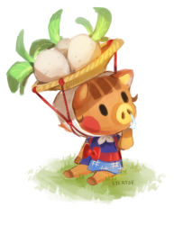 Rule 34 | 1girl, absurdres, animal crossing, animal ears, apron, artist name, barefoot, basket, black eyes, blue dress, blunt bangs, blush stickers, bow, brown hair, daisy mae (animal crossing), dress, female focus, food, food on head, full body, furry, furry female, grass, hand up, head scarf, highres, nintendo, object on head, pig ears, red bow, scarf, short dress, short hair, short sleeves, signature, simple background, sitting, sketch, snot, solid oval eyes, solo, syertse, turnip, white background, white scarf