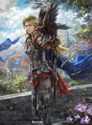 Rule 34 | 1girl, armor, armored boots, belt, bird, blonde hair, blue eyes, boots, cloud, copyright name, day, flag, flower, force of will, gloves, highres, leaf, long hair, mad (artist), official art, sky, solo, sword, tree, weapon
