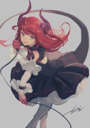 Rule 34 | 1girl, asymmetrical horns, bare shoulders, black dress, blue eyes, blush, breasts, cable, curled horns, dragon girl, dragon horns, dragon tail, dress, elizabeth bathory (fate), elizabeth bathory (fate/extra ccc), elizabeth bathory (first ascension) (fate), fate/extra, fate (series), hair ribbon, highres, horns, kouzuki kei, layered skirt, long hair, looking at viewer, microphone, open mouth, pink hair, pointy ears, ribbon, skirt, small breasts, smile, solo, tail, thighs, two side up, uneven horns, white skirt