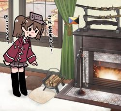 Rule 34 | 1girl, black legwear, brown hair, commentary request, fire, fireplace, fireplace tool stand, full body, indoors, japanese clothes, kantai collection, kariginu, katana, long hair, long sleeves, lowres, pillow, pleated skirt, pointing, pointing down, ryuujou (kancolle), sheath, sheathed, skirt, solo, sword, terrajin, translation request, twintails, visor cap, weapon, window, z flag