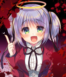 Rule 34 | 1girl, :d, black ribbon, blood, blood splatter, blush, bokusatsu tenshi dokuro-chan, breasts, collared shirt, commentary request, dress shirt, hair between eyes, hair ribbon, halo, hand up, heart, index finger raised, jacket, long sleeves, looking at viewer, medium breasts, mitsukai dokuro, neck ribbon, open clothes, open jacket, open mouth, purple hair, red jacket, ribbon, shirt, sidelocks, smile, solo, suzunone rena, two side up, upper body, white shirt