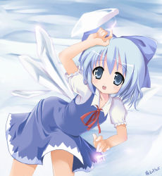 Rule 34 | 1girl, blue eyes, blue hair, bow, cirno, cowboy shot, fairy, female focus, ice, matching hair/eyes, perfect cherry blossom, ribbon, smile, solo, tomusooya, touhou, wings