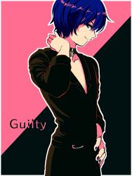 Rule 34 | 1boy, belt, black pants, black shirt, blue eyes, blue hair, choker, guilty (module), hand on own hip, highres, kaito (vocaloid), long sleeves, looking at viewer, male focus, multicolored background, outline, pants, project diva (series), shirt, smile, solo, vocaloid, white outline, xhinokox