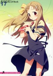 Rule 34 | 1girl, adjusting clothes, bow, brown hair, cross, gradient background, hair bow, hair ornament, hairclip, hayama yuu, highres, looking at viewer, necktie, official art, petals, red eyes, school uniform, skirt, strap slip, time leap, watanabe akio, wind