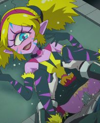 Rule 34 | 1boy, 1girl, antennae, black gloves, black pantyhose, blonde hair, blue eyes, blush, colored skin, cyclops, dress, elbow gloves, eyelashes, eyewon (precure), gloves, hairband, holding, holding legs, jewelry, lipstick, looking at another, lying, makeup, missionary, multicolored clothes, necklace, on back, one-eyed, open mouth, pantyhose, penis, pointy ears, precure, purple skin, pussy, red hairband, sex, short hair, spread legs, star twinkle precure, sweat, tomu (tomubobu), twintails, vaginal