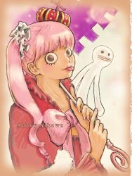 Rule 34 | 1girl, abbey aikawa, artist name, blunt bangs, bow, bowtie, capelet, commentary request, crown, ghost, hair bow, holding, holding umbrella, looking at viewer, one piece, perona, pink bow, pink bowtie, pink hair, pink nails, purple umbrella, tongue, tongue out, twintails, umbrella, upper body
