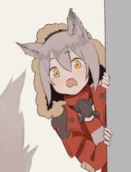 Rule 34 | 1girl, animal ears, arknights, coat, drooling, grey hair, hair between eyes, highres, hood, hood up, hooded coat, looking at viewer, mouth drool, noccu, open mouth, peeking out, projekt red (arknights), red coat, solo, tail, wide-eyed, yellow eyes