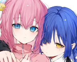 Rule 34 | 2girls, blue hair, blush, bocchi the rock!, cube hair ornament, gotoh hitori, hair ornament, hair over one eye, hand on another&#039;s shoulder, highres, jacket, looking at viewer, mole, mole under eye, multiple girls, pink hair, pink jacket, simple background, suashi, white background, yamada ryo