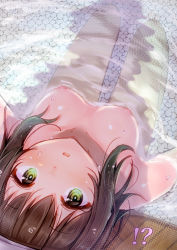 Rule 34 | !?, 1girl, bathing, blush, breasts, brown hair, collarbone, commentary request, fubuki (kancolle), green eyes, highres, kantai collection, looking at viewer, looking up, medium breasts, minarai shachou, nipples, nude, onsen, parted lips, partially submerged, short hair, solo, towel, towel on head, upside-down, water, wet, wet hair
