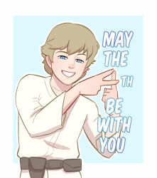 Rule 34 | 1boy, belt, blonde hair, blue eyes, commentary, english commentary, english text, looking at viewer, luke skywalker, male focus, ottykyun, shirt, short hair, simple background, smile, star wars, teeth, upper body, utility belt, white shirt