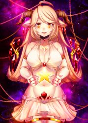 Rule 34 | 1girl, ahoge, bare shoulders, blonde hair, blush, breasts, bridal gauntlets, capricorn (symbol), capricorn (zodiac), chain, choker, cowboy shot, earrings, facial mark, flipped hair, groin, highres, horns, jewelry, large breasts, long hair, looking at viewer, navel, original, parted lips, pointy ears, rom (kochirasama), smile, solo, star (symbol), stomach, thighhighs, yellow eyes, zodiac