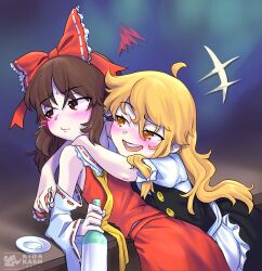 Rule 34 | 2girls, :d, apron, ascot, blonde hair, blush, bottle, bow, brown hair, buttons, collared shirt, detached sleeves, drunk, embarrassed, frills, hair bow, hair ribbon, hair tubes, hakurei reimu, highres, holding, holding bottle, japanese clothes, kidakash, kirisame marisa, leaning on person, leaning on table, looking away, miko, multiple girls, open mouth, puffy short sleeves, puffy sleeves, ribbon, shirt, short sleeves, simple background, skirt, smile, teasing, touhou, vest, white apron, wide sleeves, yellow ascot