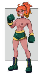 Rule 34 | 1girl, amazu (kurozu), blue choker, boots, boxing gloves, breasts, brown eyes, choker, commission, cross-laced footwear, full body, green footwear, green shorts, grey background, grin, highres, lace-up boots, looking at viewer, medium breasts, navel, nipples, orange eyes, original, ponytail, short shorts, shorts, smile, solo, standing, topless, two-tone background, white background