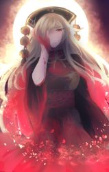 Rule 34 | 1girl, absurdres, black dress, blonde hair, blood, blood on hands, chinese clothes, dress, hand on own face, hat, highres, junko (touhou), long hair, long sleeves, looking at viewer, moon, red eyes, ribbon, sash, shirt, solo, tabard, touhou, very long hair, wide sleeves, yurinotubomi