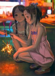 Rule 34 | 2girls, blurry, braid, brown eyes, brown hair, child, collarbone, depth of field, dress, fireworks, flat chest, futuregraph, grin, hands on own knees, highres, multiple girls, murata range, out of frame, sandals, scan, smile, sparkler, squatting, twin braids, two side up