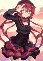 Rule 34 | 10s, 1girl, absurdres, blush, frills, glasses, hairband, highres, joukamachi no dandelion, long hair, low twintails, normaland, red-framed eyewear, red eyes, red hair, ribbon, sakurada akane, skirt, smile, solo, twintails, v