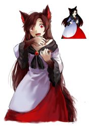 Rule 34 | 1girl, animal ears, brooch, brown hair, collarbone, commentary, double dealing character, dress, english commentary, frilled sleeves, frills, highres, himuhino, imaizumi kagerou, jewelry, long dress, long hair, long sleeves, multicolored clothes, multicolored dress, nail polish, off-shoulder dress, off shoulder, open mouth, red dress, red eyes, red nails, simple background, tail, touhou, very long hair, white background, white dress, wolf ears, wolf tail