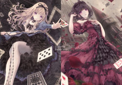 Rule 34 | 2girls, :d, alice (alice in wonderland), alice in wonderland, bare shoulders, black hair, black ribbon, blonde hair, blue dress, blue eyes, card, commentary request, dress, feet out of frame, hair ribbon, hands up, heart, highres, juliet sleeves, long sleeves, looking at viewer, missile228, multiple girls, off-shoulder dress, off shoulder, open mouth, pantyhose, parted lips, playing card, puffy short sleeves, puffy sleeves, purple eyes, queen of hearts (alice in wonderland), red dress, ribbon, short sleeves, smile, spade (shape), tower
