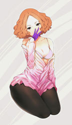 Rule 34 | 10s, 1girl, bra, breasts, brown eyes, brown hair, brown pantyhose, cleavage, covering own mouth, dip-art, gloves, hand over own mouth, okumura haru, pantyhose, partially undressed, persona, persona 5, purple gloves, shirt, short hair, solo, thighs, underwear