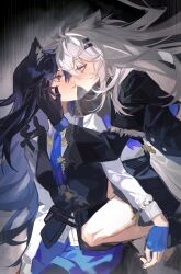 Rule 34 | 2girls, absurdres, animal ear fluff, animal ears, arknights, ascot, black gloves, black jacket, black vest, blue ascot, blue eyes, blue gloves, blue shorts, breasts, brown eyes, commentary, english commentary, fingerless gloves, gloves, grey hair, hair ornament, hairclip, highres, imminent kiss, jacket, lappland (arknights), lappland (refined horrormare) (arknights), light blush, long hair, long sleeves, medium breasts, multiple girls, official alternate costume, pinenut sn, scar, scar across eye, shirt, shorts, texas (arknights), texas the omertosa (arknights), vest, white shirt, wolf ears, wolf girl, yuri