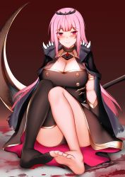 Rule 34 | 1girl, barefoot, black thighhighs, blood, blood splatter, blush, breasts, closed mouth, commentary, english commentary, full body, highres, hololive, hololive english, kitsune udon (ai br), large breasts, long hair, mori calliope, pink eyes, pink hair, scythe, shoulder spikes, single thighhigh, sitting, smile, solo, spikes, thighhighs, very long hair, virtual youtuber