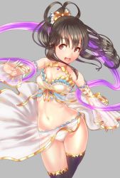 Rule 34 | 10s, 1girl, :d, bare shoulders, black thighhighs, bow, breasts, brown eyes, brown hair, cameltoe, cleavage, contrapposto, detached sleeves, dress, female focus, grey background, hair bow, highres, idolmaster, idolmaster cinderella girls, kobayakawa sae, long hair, md5 mismatch, midriff, navel, one side up, open m/, open mouth, q (ed69), resized, see-through, simple background, skirt, small breasts, smile, solo, thighhighs