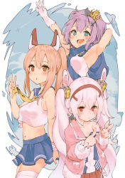 Rule 34 | 3girls, :d, anchor symbol, animal ears, armpits, ayanami (azur lane), azur lane, bad id, bad pixiv id, bandaid, bandaid on arm, bare shoulders, blue hoodie, blue sailor collar, blue skirt, breasts, brown eyes, commentary request, crop top, crown, fake animal ears, gloves, green eyes, hair ornament, hairclip, hairpin, headgear, hood, hoodie, jacket, javelin (azur lane), laffey (azur lane), light brown hair, long hair, looking at viewer, mashiro kta, midriff, mini crown, multiple girls, navel, open mouth, parted lips, pink hair, pleated skirt, ponytail, purple hair, rabbit ears, red eyes, red skirt, revision, sailor collar, school uniform, serafuku, skirt, small breasts, smile, thighhighs, twintails, v, white gloves, yellow neckwear, zettai ryouiki