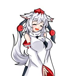Rule 34 | 1girl, animal ears, blush, breasts, closed eyes, detached sleeves, ears down, female focus, hat, inubashiri momiji, large breasts, looking at viewer, mashiki, open mouth, pom pom (clothes), ribbon-trimmed sleeves, ribbon trim, short hair, silver hair, solo, tail, tokin hat, touhou, transparent background, v arms, variant set, wolf ears, wolf tail