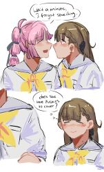 Rule 34 | 2girls, absurdres, ahoge, anyoji hime, black ribbon, blunt bangs, blush, breast pocket, closed eyes, closed mouth, commentary, cropped torso, dress, english text, face-to-face, hair ribbon, hasu no sora school uniform, highres, kachimachi kosuzu, kepitingtiga, link! like! love live!, long hair, love live!, multi-tied hair, multiple girls, neckerchief, nose blush, pink hair, pocket, ponytail, ribbon, sailor collar, sailor dress, school uniform, short sleeves, sidelocks, simple background, speech bubble, summer uniform, swept bangs, symbol-only commentary, thought bubble, virtual youtuber, white background, white dress, white sailor collar, yellow neckerchief, yuri