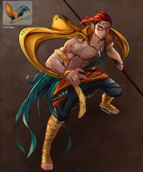 Rule 34 | 1boy, absurdres, armlet, biceps, bird, black pants, bracelet, brown background, chicken, full body, highres, jewelry, looking at viewer, male focus, medium hair, muscular, muscular male, original, pants, pectorals, personification, red hair, reference inset, semmya ori, solo, standing, tattoo, yellow eyes