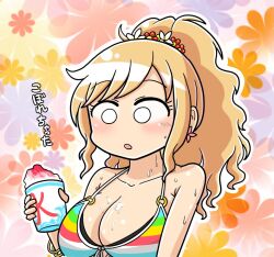 Rule 34 | 1girl, bare shoulders, bikini, blank eyes, blonde hair, blush, breasts, cleavage, collarbone, cup, earrings, floral background, flower, flower earrings, food, front-tie bikini top, front-tie top, hair flower, hair ornament, hand up, holding, holding cup, idolmaster, idolmaster cinderella girls, idolmaster cinderella girls starlight stage, jewelry, large breasts, long hair, looking at another, looking down, mismatched bikini, multicolored background, multiple bracelets, o-ring, o-ring bikini, ohtsuki yui, open mouth, orange flower, pink flower, ponytail, purple flower, red flower, shaved ice, solo, striped bikini, striped clothes, sweat, swimsuit, tsunamayo, upper body, wavy hair, wet, white flower, yellow flower