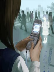 absurdres blue_sweater_vest brown_hair cellphone commentary english_text flip_phone highres holding holding_phone iwakura_lain long_sleeves outdoors people phone serial_experiments_lain shirt standing sweater_vest translation_request vest white_shirt wod