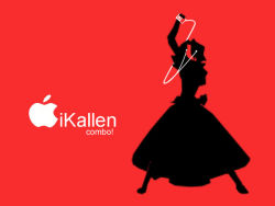 Rule 34 | 00s, 1girl, apple, apple inc., character name, code geass, digital media player, earphones, facing viewer, food, fruit, full body, ipod, ipod ad, kouzuki kallen, limited palette, parody, red background, silhouette, simple background, solo, standing
