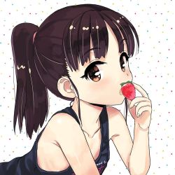 Rule 34 | 1girl, bare arms, bare shoulders, black tank top, brown eyes, brown hair, collarbone, commentary request, food, fruit, hand up, holding, holding food, holding fruit, jiji (aardvark), long hair, looking at viewer, original, parted lips, ponytail, solo, strawberry, tank top, white background