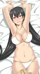 Rule 34 | 1girl, :d, absurdres, araki jeccy, armpits, bikini, black hair, blush, bracer, breasts, cleavage, earrings, fate/grand order, fate (series), gluteal fold, highres, jewelry, large breasts, long hair, looking at viewer, lying, navel, on back, open mouth, red eyes, smile, solo, sweatdrop, swimsuit, thighhighs, very long hair, white bikini, xuangzang sanzang (fate)