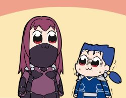 Rule 34 | 10s, 1boy, 1girl, :3, armor, bkub (style), blue hair, bodysuit, breasts, clenched hands, commentary, commentary request, cu chulainn (fate), cu chulainn (fate/stay night), earrings, fate/grand order, fate/stay night, fate (series), jewelry, long hair, mask, mouth mask, ninja mask, okitakung, pauldrons, ponytail, poptepipic, purple hair, red eyes, scathach (fate), scathach (first ascension) (fate), shoulder armor, sweatdrop, trembling