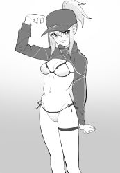 Rule 34 | 1girl, arm up, artoria pendragon (fate), bikini, bikini under clothes, blonde hair, blush, breasts, cowboy shot, fate (series), gradient background, greyscale, groin, hand on head, hand up, headwear request, highres, looking at viewer, monochrome, mysterious heroine x (fate), mysterious heroine xx (fate), navel, okitake, open mouth, ponytail, short hair, side-tie bikini bottom, small breasts, solo, standing, swimsuit