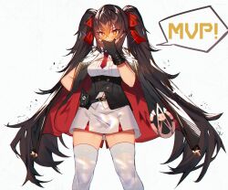 Rule 34 | 1girl, belt, black cape, black gloves, black hair, blush, breasts, buttons, cape, double-breasted, girls&#039; frontline, gloves, hair ribbon, hand on own face, highres, long hair, looking at viewer, medium breasts, necktie, orange eyes, red necktie, red ribbon, ribbon, skirt, solo, soukou makura, standing, thighhighs, twintails, type 97 (girls&#039; frontline), white skirt, white thighhighs