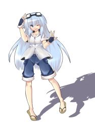 Rule 34 | 1girl, blue eyes, blue hair, blush, daikon (suika), gloves, goggles, goggles on head, matching hair/eyes, one eye closed, original, sandals, shorts, simple background, solo, wink