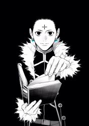 Rule 34 | 1boy, belt, black background, black coat, black eyes, black hair, blending, book, chrollo lucilfer, coat, earrings, facial tattoo, fur trim, hair pulled back, highres, holding, holding book, hunter x hunter, jewelry, long sleeves, looking at viewer, male focus, open book, sano yuuto, simple background, solo, spot color, tattoo