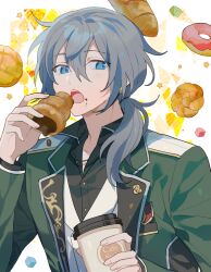 Rule 34 | 1boy, black shirt, blue eyes, collarbone, collared shirt, cup, disposable coffee cup, disposable cup, doughnut, ensemble stars!, food, food on face, green jacket, grey hair, hair between eyes, holding, holding cup, jacket, jewelry, looking at viewer, male focus, necklace, open mouth, ponytail, sakuraihum, shiina niki, shirt, solo, star (symbol), sugar cube, upper body, vest, white vest
