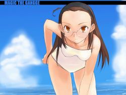 Rule 34 | beach, brown eyes, brown hair, day, forehead, hairband, jpeg artifacts, leaning forward, long hair, magic the gandhi, non-web source, one-piece swimsuit, rance (series), rance vi, sengoku rance, solo, swimsuit, wallpaper