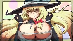 Rule 34 | 1boy, 1girl, acerok, between breasts, blonde hair, blush, bow, braid, breasts, cleavage, cleavage cutout, clothing cutout, elbow gloves, framed, giant, giantess, gloves, grin, hair bow, hat, highres, huge breasts, kirisame marisa, large breasts, long hair, mini person, miniboy, morichika rinnosuke, one eye closed, person between breasts, ribbon, single braid, size difference, smile, teeth, touhou, witch hat, wrist cuffs, yellow eyes