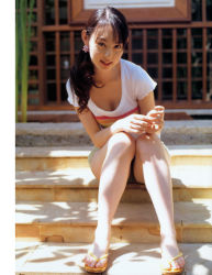 Rule 34 | akiyama rina, photo (medium), ponytail, sandals, shirt, shorts, t-shirt
